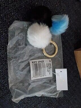 Kate Spade  Pom-Pom Keyring in White, Black & Blue